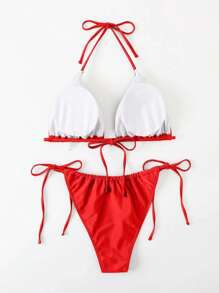 Slaydiva 2025 大码女式夏季沙滩纯色挂脖系带性感比基尼泳衣套装 - 紅色 - 查看 2