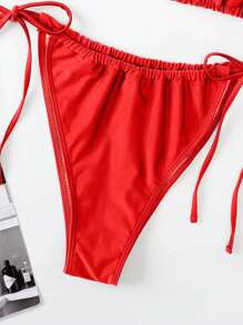 Slaydiva 2025 大码女式夏季沙滩纯色挂脖系带性感比基尼泳衣套装 - 紅色 - 查看 3