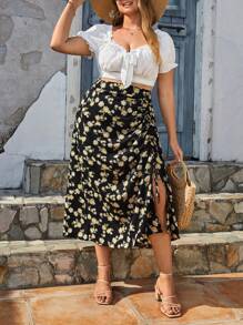 SHEIN Frenchy Váy Plus Size Dây kéo Xù Tách cao Hoa Tất cả trên in Boho - màu đen - Xem 5