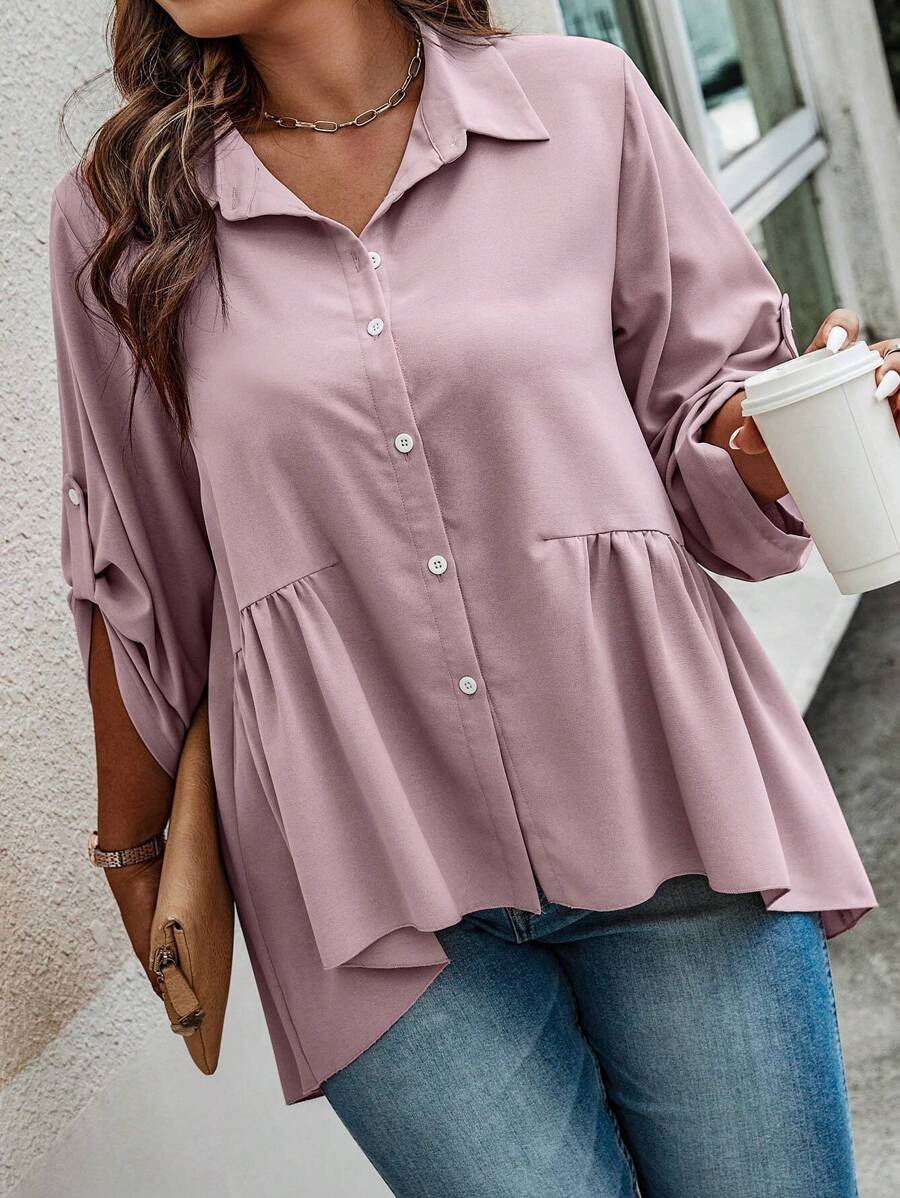 SHEIN LUNE Plus Roll Tab Sleeve Ruffle Hem Shirt - Pink - View 1