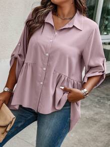 SHEIN LUNE Plus Roll Tab Sleeve Ruffle Hem Shirt - Pink - View 5