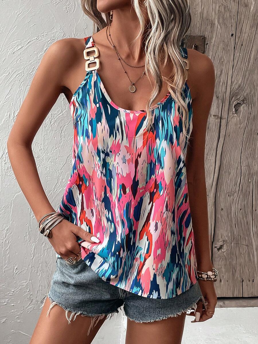 SHEIN LUNE Allover Print Chain Detail Cami Top Graphic Tees Women Tops - Multicolor - View 1