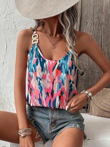 SHEIN LUNE Allover Print Chain Detail Cami Top Graphic Tees Women Tops - Multicolor - View 3