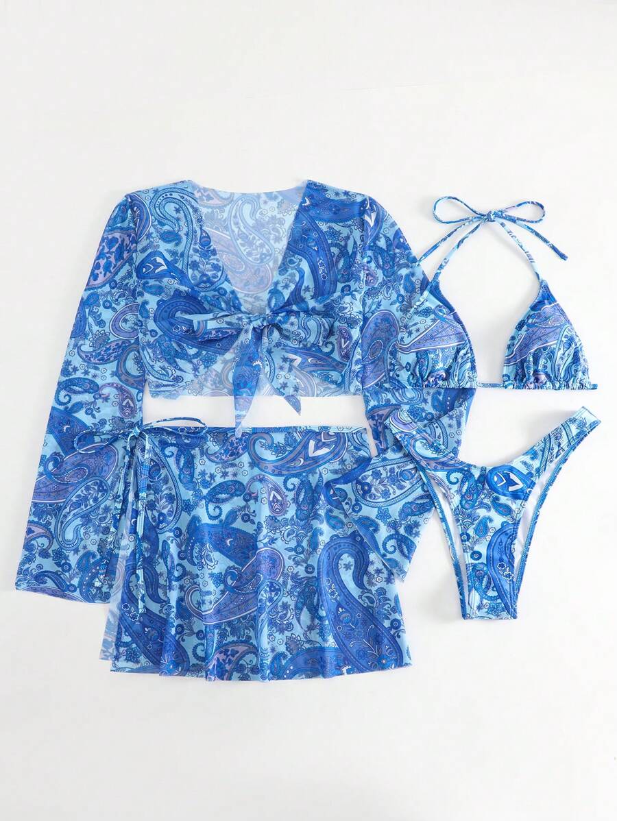 Bộ Bikini Nữ Thắt nút Buộc lại Paisley - Màu xanh lam - Xem 1