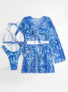 Bộ Bikini Nữ Thắt nút Buộc lại Paisley - Màu xanh lam - Xem 2