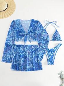 Bộ Bikini Nữ Thắt nút Buộc lại Paisley - Màu xanh lam - Xem 3