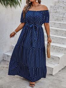 SHEIN Clasi Đầm Plus Size Viên lá sen Thắt lưng Chấm bi Giải trí - Màu xanh hải quân - Xem 1