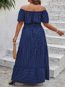 SHEIN Clasi Đầm Plus Size Viên lá sen Thắt lưng Chấm bi Giải trí - Màu xanh hải quân - Xem 2