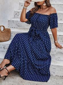 SHEIN Clasi Đầm Plus Size Viên lá sen Thắt lưng Chấm bi Giải trí - Màu xanh hải quân - Xem 3