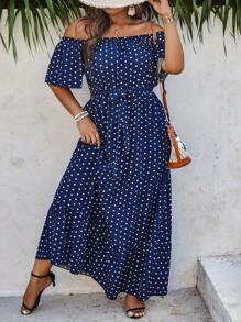 SHEIN Clasi Đầm Plus Size Viên lá sen Thắt lưng Chấm bi Giải trí - Màu xanh hải quân - Xem 4