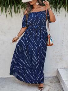 SHEIN Clasi Đầm Plus Size Viên lá sen Thắt lưng Chấm bi Giải trí - Màu xanh hải quân - Xem 5