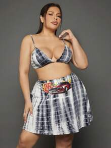 SHEIN SXY 大碼紮染吊帶上衣和標語和汽車圖案半身裙 - 彩色 - 查看 2