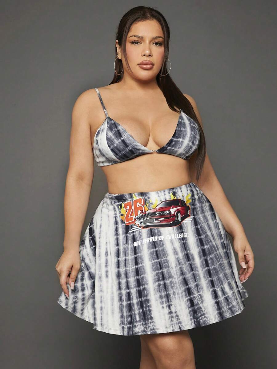 SHEIN SXY 大碼紮染吊帶上衣和標語和汽車圖案半身裙 - 彩色 - 查看 1