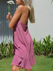 SHEIN VCAY Đầm Lộ Lưng Ren lên Xù Viên lá sen Thắt nơ trước màu trơn Boho - Bụi hồng - Xem 3