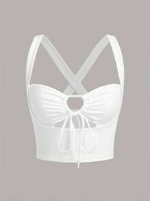 SHEIN ICON 鏤空前打結寬背帶上衣 - 白色 - 查看 1