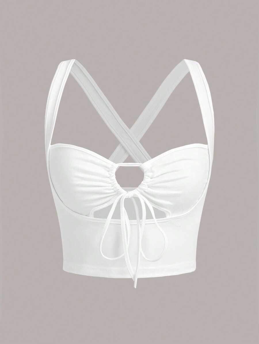 SHEIN ICON 鏤空前打結寬背帶上衣 - 白色 - 查看 1