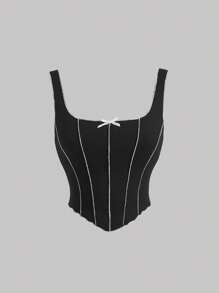 SHEIN MOD Áo khoác và áo lót dành cho xe tăng nữ Bất đối xứng Gân đan Nơ trước Đường may lộ ra ngoài Sọc Giải trí - màu đen - Xem 1