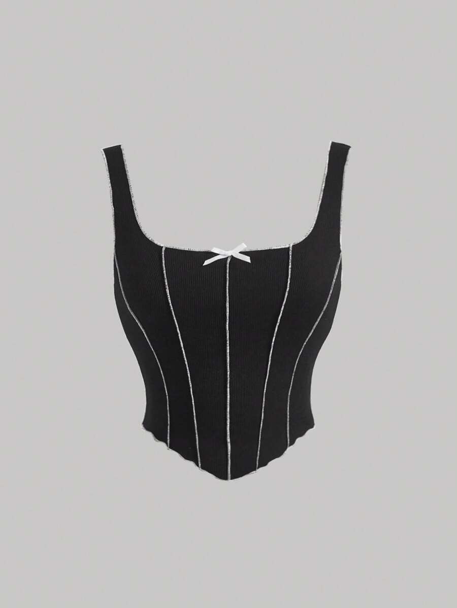 SHEIN MOD Áo khoác và áo lót dành cho xe tăng nữ Bất đối xứng Gân đan Nơ trước Đường may lộ ra ngoài Sọc Giải trí - màu đen - Xem 1