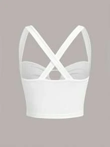 SHEIN ICON 鏤空前打結寬背帶上衣 - 白色 - 查看 2