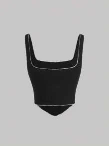 SHEIN MOD Áo khoác và áo lót dành cho xe tăng nữ Bất đối xứng Gân đan Nơ trước Đường may lộ ra ngoài Sọc Giải trí - màu đen - Xem 2