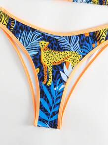 豹紋印花撞色滾邊掛脖三角杯比基尼泳裝 - 彩色 - 查看 5