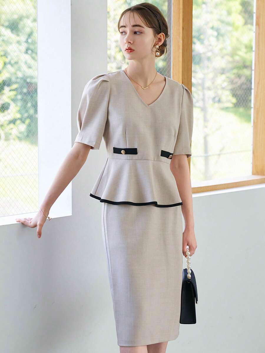 DAZY Contrast Binding Puff Sleeve Peplum Top & Skirt - Apricot - View 1