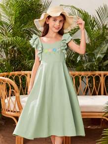 SHEIN Chicas Vestido con bordado floral ribete con fruncido - verde menta - Ver 1