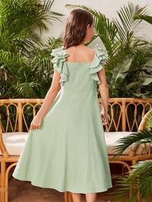 SHEIN Chicas Vestido con bordado floral ribete con fruncido - verde menta - Ver 2