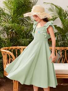 SHEIN Chicas Vestido con bordado floral ribete con fruncido - verde menta - Ver 3