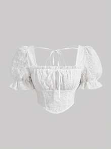 SHEIN MOD 方領泡泡袖前繫帶胸部褶皺弧形下擺網眼刺繡襯衫 - 白色 - 查看 1