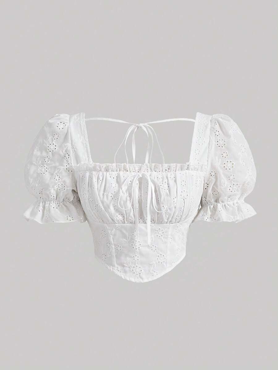 SHEIN MOD 方領泡泡袖前繫帶胸部褶皺弧形下擺網眼刺繡襯衫 - 白色 - 查看 1