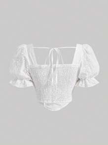 SHEIN MOD 方領泡泡袖前繫帶胸部褶皺弧形下擺網眼刺繡襯衫 - 白色 - 查看 2