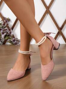 moda rosado Tacones para con diseño de perla artificial de punta con tacón grueso tira tobillera de serraje falso Tacones - Rosa - Ver 1