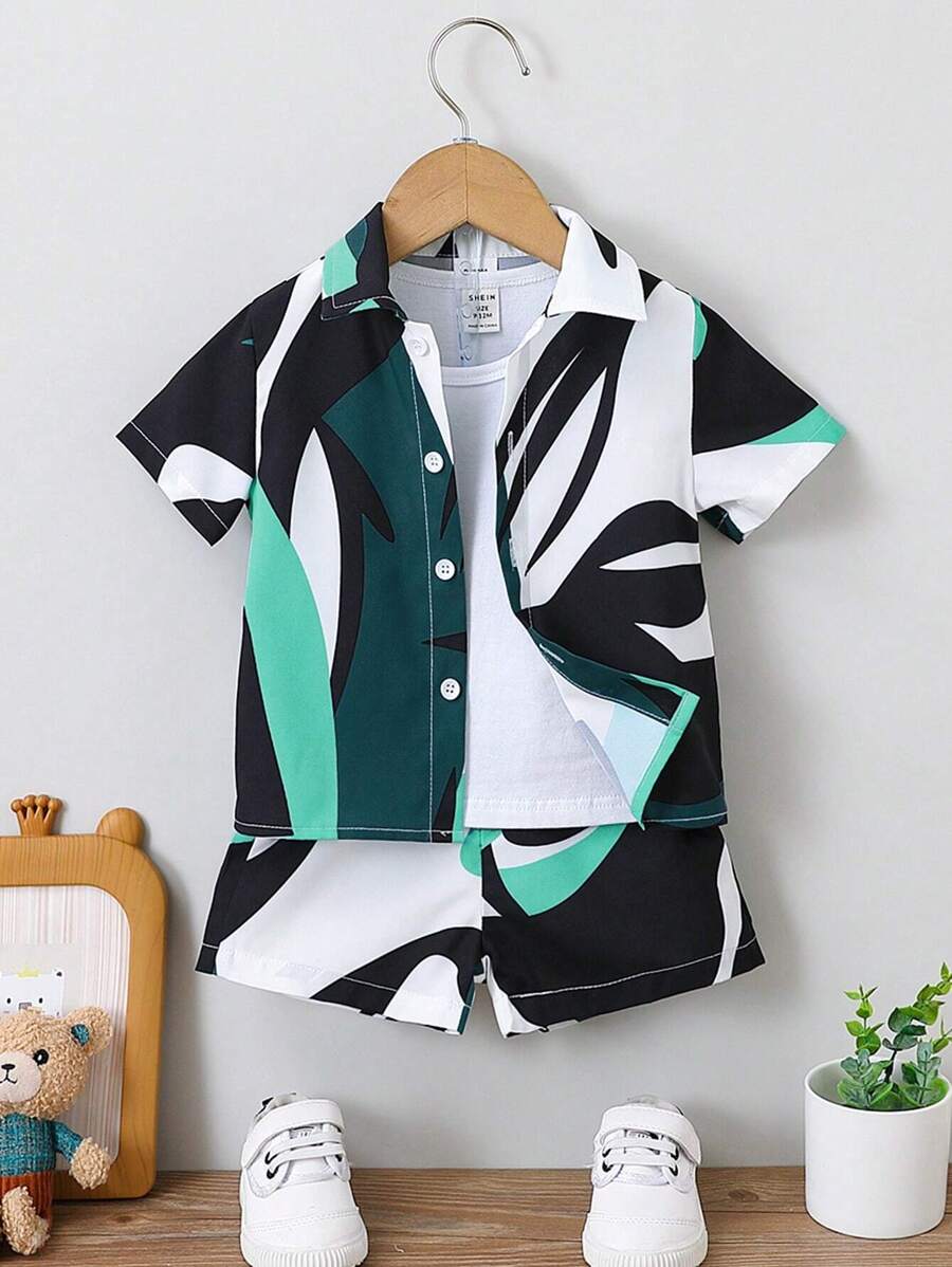 SHEIN Bộ Áo Sơ Mi Và Quần Short Màu Thường Ngày Mùa Hè Cho Bé Trai (Không Có Áo Phông) - Nhiều màu - Xem 1