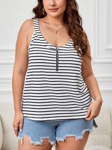 SHEIN LUNE Áo ba lỗ có khóa kéo nửa sọc Plus - Đen và trắng - Xem 1