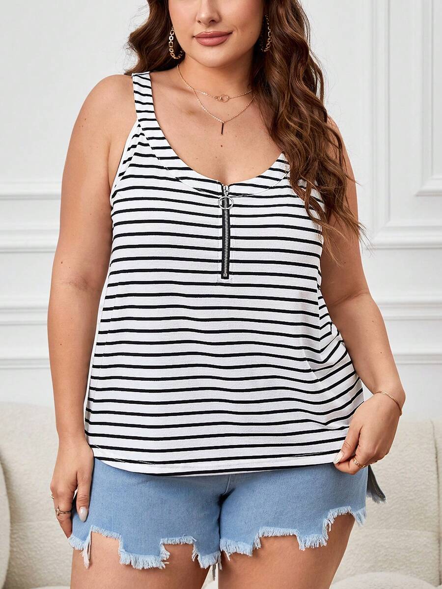 SHEIN LUNE Áo ba lỗ có khóa kéo nửa sọc Plus - Đen và trắng - Xem 1