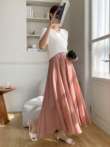 DAZY Solid Elastic Waist Skirt - Pink - View 7