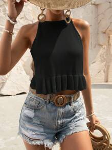 SHEIN VCAY 素色荷葉邊針織上衣 - 黑色 - 查看 1