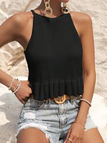 SHEIN VCAY 素色荷葉邊針織上衣 - 黑色 - 查看 5