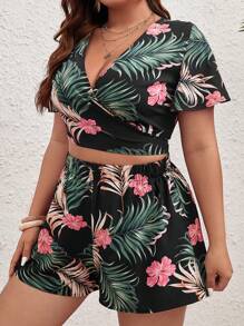 SHEIN VCAY Plus Tropical Print Crop Top & Shorts - Multicolor - View 1