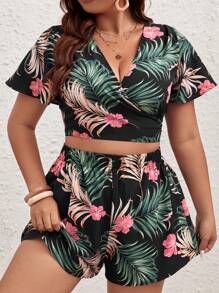 SHEIN VCAY Plus Tropical Print Crop Top & Shorts - Multicolor - View 3