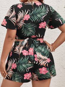 SHEIN VCAY Plus Tropical Print Crop Top & Shorts - Multicolor - View 4