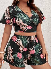 SHEIN VCAY Plus Tropical Print Crop Top & Shorts - Multicolor - View 5