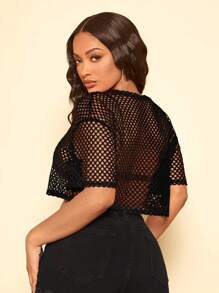 SHEIN SXY 鏤空落肩袖短款上衣不附胸罩 - 黑色 - 查看 2