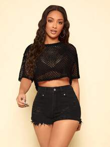 SHEIN SXY 鏤空落肩袖短款上衣不附胸罩 - 黑色 - 查看 3