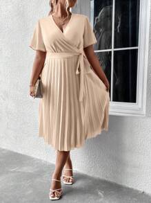 SHEIN Clasi Plus Surplice Neck Belted Pleated Hem Dress - Apricot - View 1