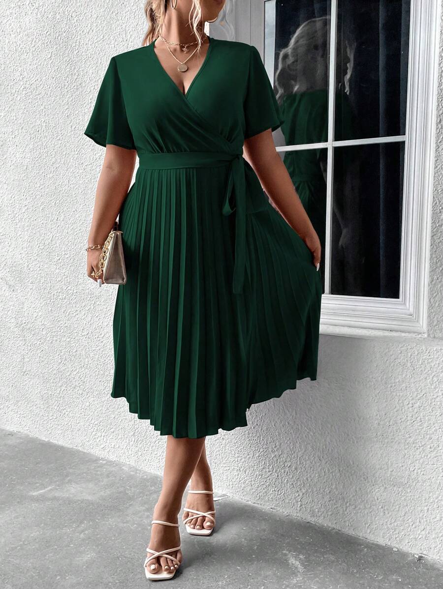 SHEIN Clasi Plus Surplice Neck Pleated Hem Belted Dress - Dark Green - View 1