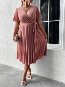SHEIN Clasi Plus Surplice Neck Pleated Hem Belted Dress - Dusty Pink - View 1