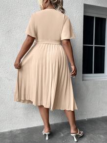 SHEIN Clasi Plus Surplice Neck Belted Pleated Hem Dress - Apricot - View 2