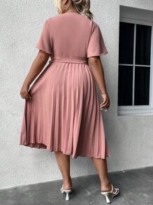 SHEIN Clasi Plus Surplice Neck Pleated Hem Belted Dress - Dusty Pink - View 2